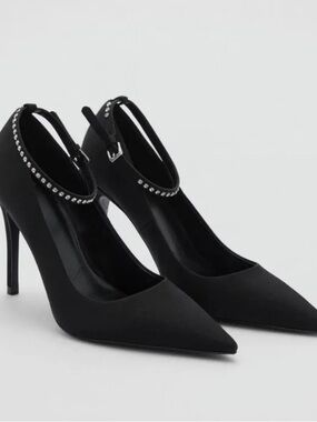 Mango studded heels satin with rhinestone strap pointy toe 36